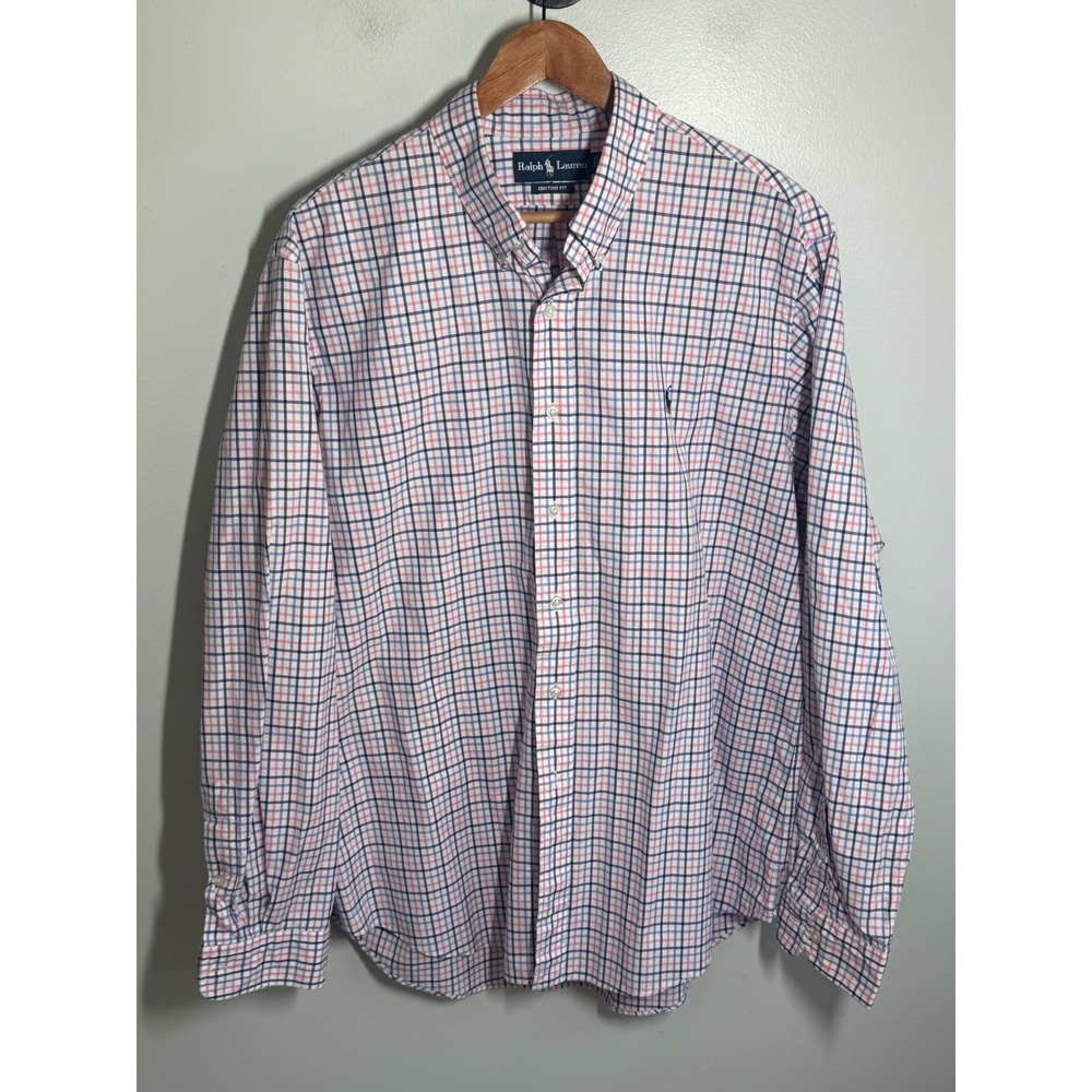 Ralph Lauren Custom Fit Tattersall Check Button Down Shirt Mens XL Blue Pink